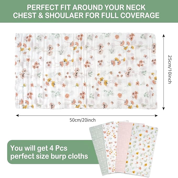 Baby Muslin Burp Cloths, 100% Cotton Burping Cloths Super Absorbent Soft, Bath Towel Burp Cloths for Baby Girl Boy, Great Gift for Newborn, 10 x 20 inch, 4 Pack, Leaves & Flowers