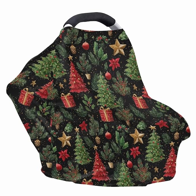 Binienty Nursing Cover for Newborn Breastfeeding - Christmas Tree Pattern Stretchy Infant Carseat Canopy Soft Cozy Mom Breastfeeding Scarf and Shawl