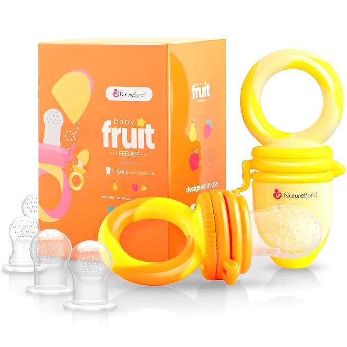 NatureBond Baby Food/Fruit Feeder (2 Pack) and Silicone Baby Bibs (Set of 2 w/Carry Pouch) Bundle