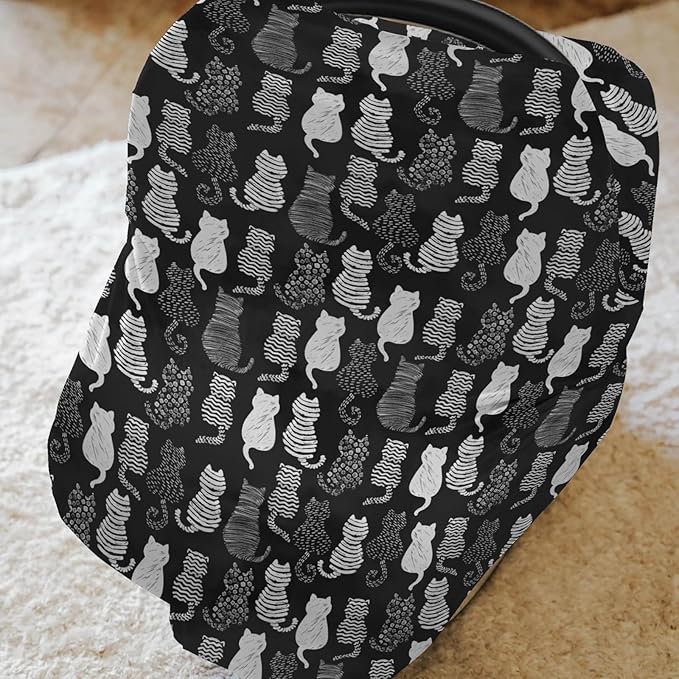 Stylish Cat Shapes Car Seat Cover for Babies Black and White Cat Stretchy 5-in-1 Covers Adjustable Car Canopy Cover Cats Lovers Gift Breathable Nursing Cover-Up