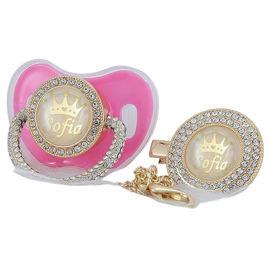 Personalized Name Anniversary All Bling Pacifier and Clip Set Gold Plated New Born Gift Photography No for Daily Use (Pink)