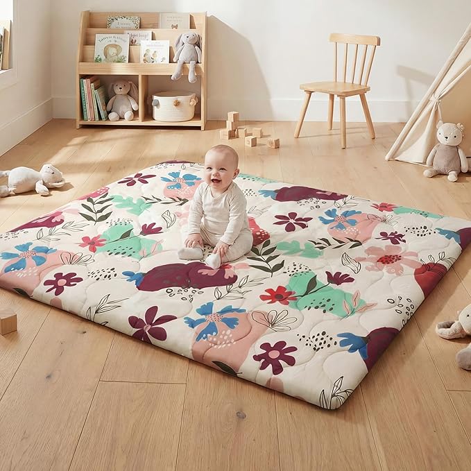 1.5" Thicker Baby Play Mat for Floor, 59x71 Removable & Machine Washable Cover Playpen Mat Softness Foam Mats, Easy-Clean Hygienic, Comfort Safety Kids Crawling Living Room (Floral)