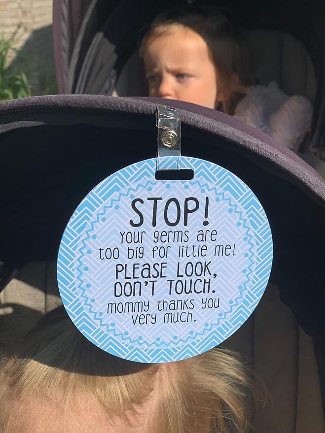 Three Little Tots Two Pack - No Kissing and Blue Mommy No Touching Baby Car Seat and Stroller Signs - CPSIA Safety Tested