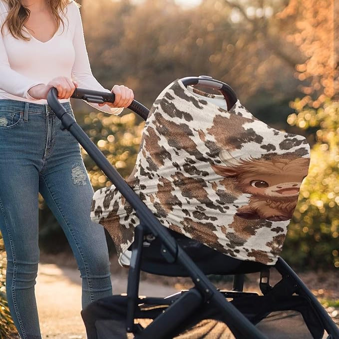 Wanyint Baby Car Seat Covers Nursing Cover Carseat Canopy Baby Breastfeeding Cover Multi-Use Nursing Scarf Infant Stroller Cover Home Decor, Cute Highland Cow Brown Cow Print