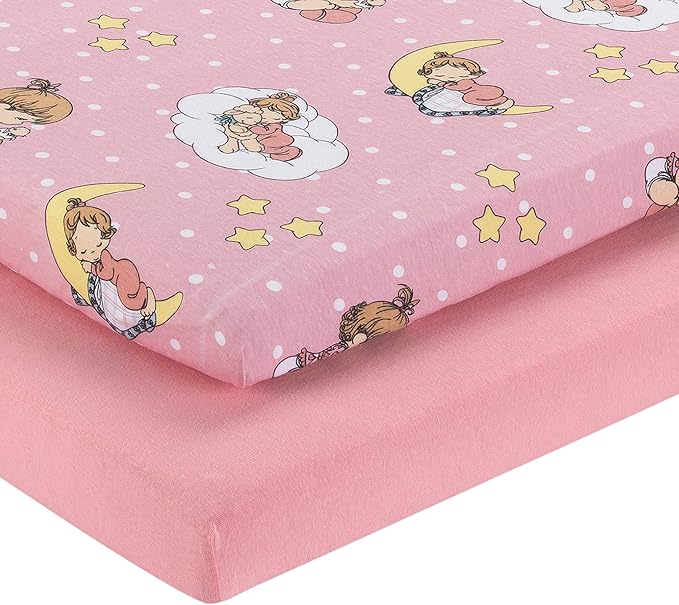 2 Pack n Play Mattress Sheets – 100% Jersey Knit Cotton Soft Portable Crib Mattress Sheet for Girls with Pink and Yellow Precious Moments Design; 2 Pk Playpen Mattress or Mini Crib Fitted Sheet Set