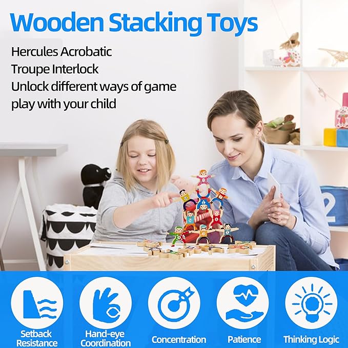 moopok Wooden Stacking Toys,16Pcs Circus Hercules Acrobatic Troupe Interlock Toy,Balancing Building Blocks Game Toddler Puzzle Toys,for 3 4 5 6 Years Old Kids Adults