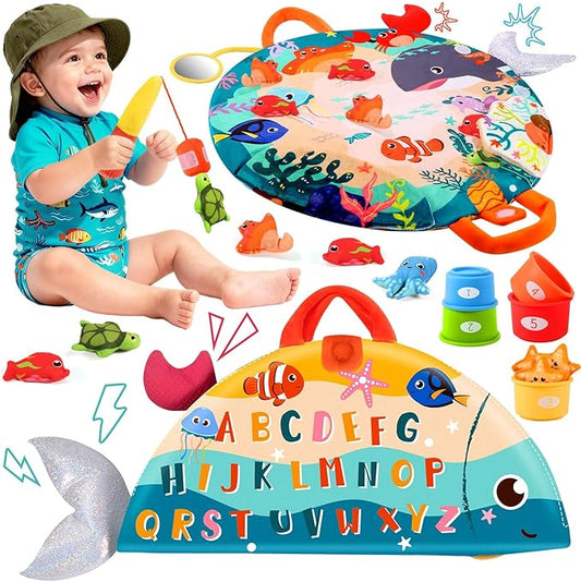 FREYBLI Montessori Toys for 1 Year Old - Cloth Toddler Fishing Game with Stacking Cups, Fishing Toy for One Year Old Boy Girl First Birthday Gifts, Sorting Learning Baby Toy 1-3 Easter Basket Stuffers