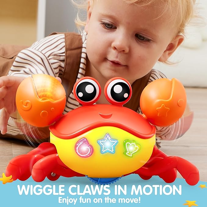 Play-Act JOVA Crawling Crab Baby Toy, Interactive Musical Crab with Intelligent Sensor & Auto-Avoiding Obstacles, Tummy Time Toy with Lights and Buttons, Gift for Toddlers Learning to Crawl