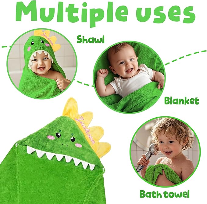 Custom Hooded Baby Towels with Name, Personalized Bunny Easter Gifts for Toddlers, Custom Baby Bath Towels for Newborn, Ultra Soft and Absorbent, Ideal for Girl Boy (Dinosaur)