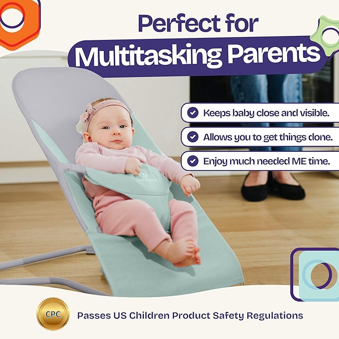 ComfyBumpy Ergonomic Baby Bouncer Seat - Bonus Travel Carry Case - Safe, Portable Bouncing Chair with Adjustable Height Positions - Infant Bouncy Seat Perfect for Newborn Babies (Green)