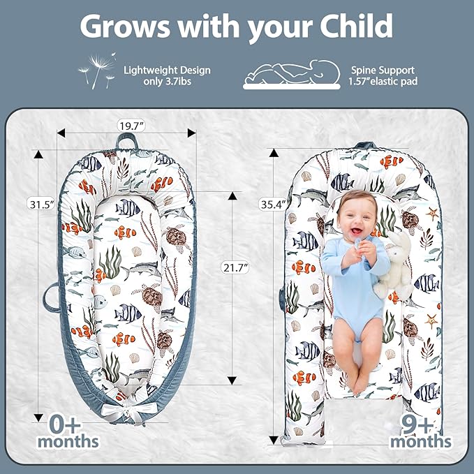 Infant Support Cushion - Breathable and Soft Organic 100% Cotton, Portable Tummy Time Mat with Removable Cover, Newborn Baby Essentials Gifts for 0-24 Months - Sea World