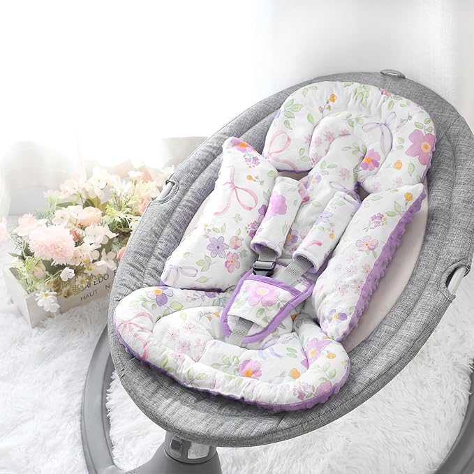 SWESEN Infant Car Seat Insert with 3 Strap Covers Set, Car Seat Head Support Baby for Girls, Soft 3 in 1 Baby Car Seat Cushion for Strollers, Bouncers, Swing, Purple Floral