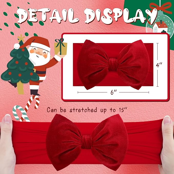 YanJie Christmas Headbands Girls Red Hair Bow Green Velvet Bows Toddler Newborn Bows Nylon Hairbands Infant Hair Accessories Christmas Gifts