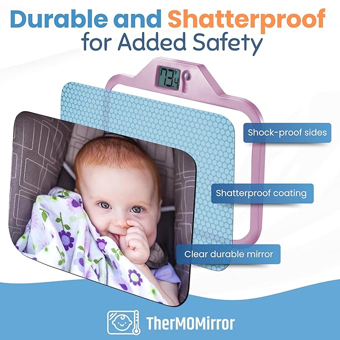 Theromirror - Baby Car Mirror with Temperature Display, Rear Facing Car Seat Mirror, Newborn Essentials, Wide Angle (Pink)