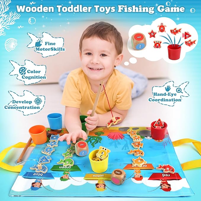 Wooden Toddler Toys Fishing Game: Montessori Sensory Toys for 1 2 3 Year Old Boys Girls - Birthday Baby Gifts for 1 2 3 Year Olds - Color Sorting Shape Learning for Kids