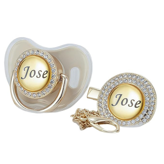 Custom Name Bling Pacifier & Clip Set – Personalized Binky for Baby Shower, Newborn Keepsake for Photos (Khaki)