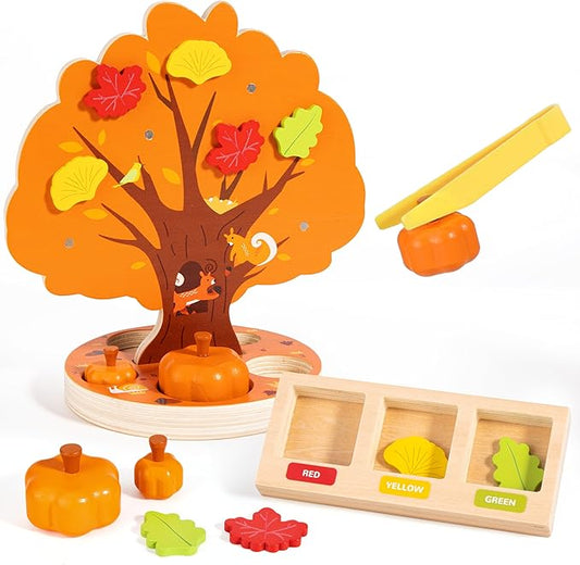Woodtoe Montessori Toys for 3 4 5 6 Year Old, Pumpkin Picking Magnetic Leaves Tree Toy, Toddler Fine Motor Skill Toy, Wooden Sensory Color Sorting Toys, Autumn Pumpkin Toy Birthday Gifts for Kids 3-6