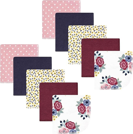 Hudson Baby Unisex Baby Flannel Washcloths, Blush Navy Floral 10Pk, One Size