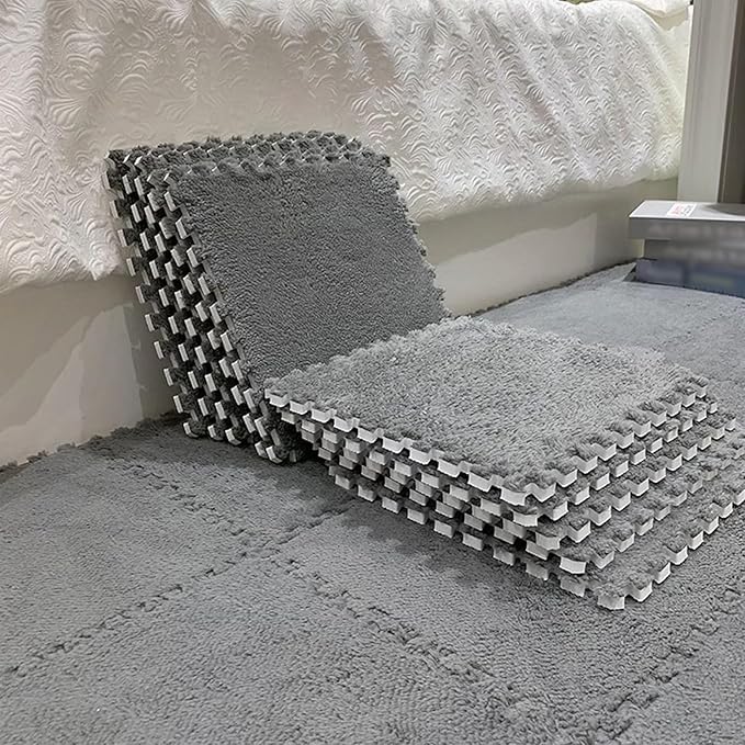 12pcs Plush Puzzle Foam Floor Mat, Soft Thicken Fluffy Interlocking Square Foam Tiles Area Rugs Carpet for Parlor Bedroom Decoration(11.8x11.8x0.4in, Grey)