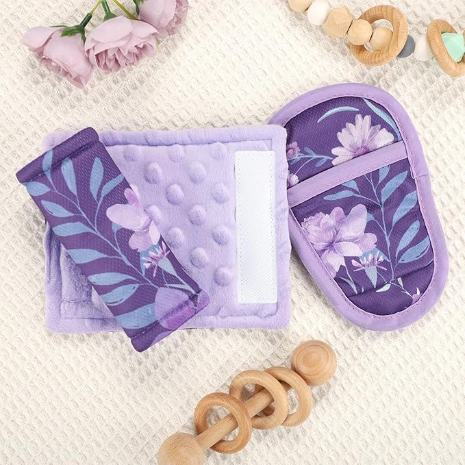 Baby Car Seat Strap Pads Suit, 3 Pieces Soft Car Seat Strap Shoulder Covers for Baby Infant Toddler, Double-Sided Car Seat Belt Covers for Stroller, Pushchair, Baby Swing, Purple Floral