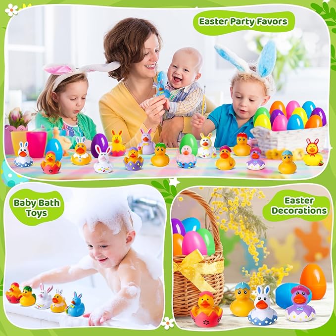 18 Pcs Easter Rubber Ducks with 18 Pcs Easter Eggs, Easter Ducks for Jeeps Easter Egg Fillers Basket Stuffers Party Favors, Rubber Ducks for Ducking Bath Toys for Kids Toddler with a Storage Bag