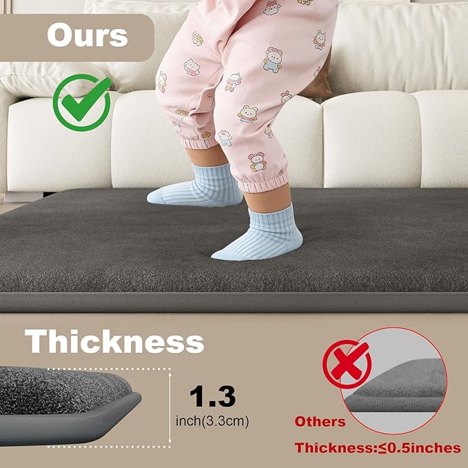 Baby Play Mat for Floor, 1.3" Thick Elasti-Foam Baby Play Mat, 71x59 Playpen Mat for Toddlers Infant Kids, Water Repellent Soft Coral Velvet Crawling Mat for Floor, Non-Slip Backing Safe Dark Grey
