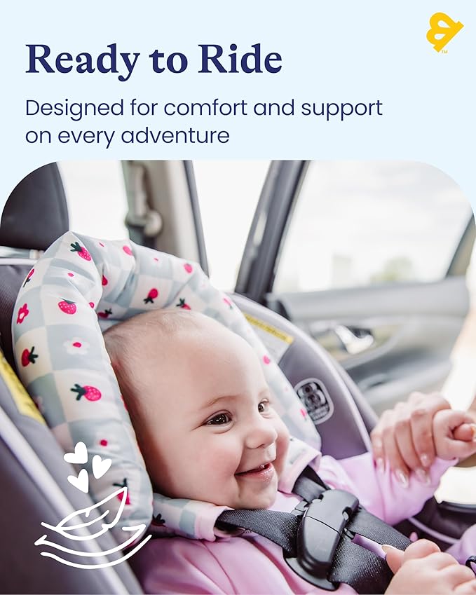 GoldBug Deluxe Duo Car Seat Head Support + Matching Strap Covers for Baby and Infant - Patchwork Berry