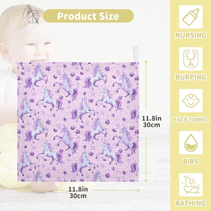 Unicorn Baby Washcloths Newborn Muslin Burp Cloths 3 Pack Soft Cotton Baby Face Bath Towel Drool Bibs for Infants, Girls and Boys 11.8 x 11.8 Inch