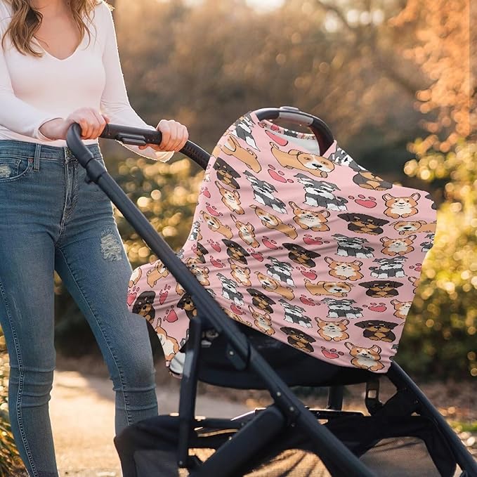 GIFTPUZZ Cute Dogs Stretchy Car Seat Cover for Babies, Nursing Cover Breastfeeding Cover, Soft Breathable Infant Carseat Canopy, Shopping Cart Cover, Baby Shower Gifts for Boys and Girls