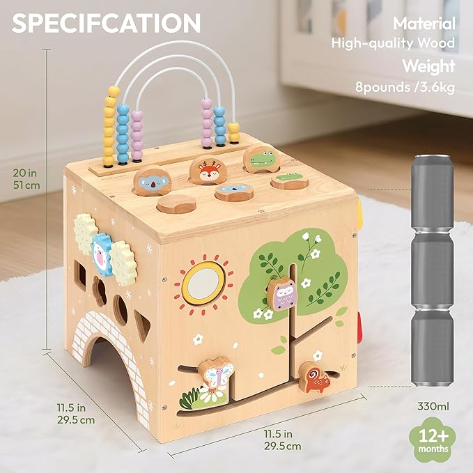 Wooden Activity Cube 9-in-1 Montessori Busy Board Toy | Educational Sorting Play Center for 1+ Year Old Toddlers | First Birthday for Boys Girls