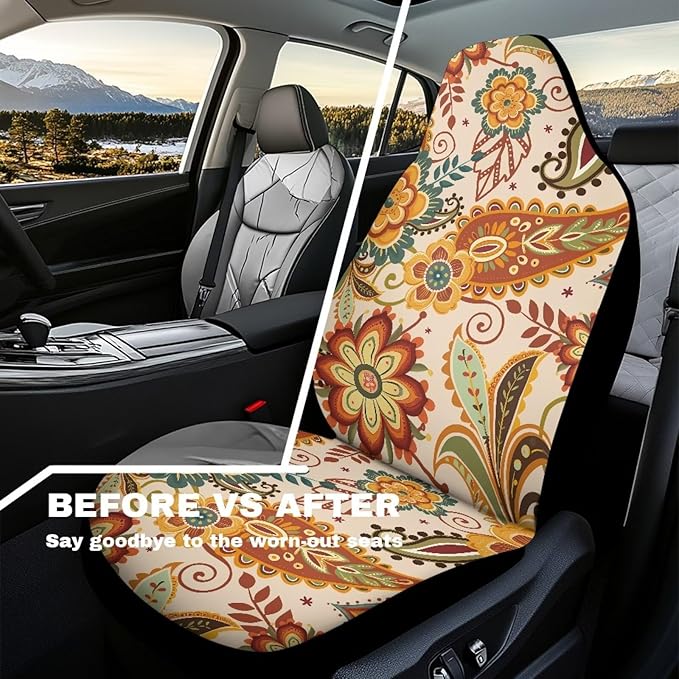 Boho Floral Car Seat Covers 2 Pcs Stretch Polyester Fabric Cover Waterproof Car Seat Cover Easy Installation Universal Size Fit for Most Cars SUVs Trucks Vans