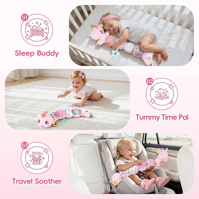 Unicorn Baby Toys 6-12 Months Infant Musical Stuffed Toys for Newborn Tummy Time Sensory toys for babies with Crinkle and Rattle 0-3-6-12 Months Old Baby Girl Must Have Christmas Birthday Gifts - Pink