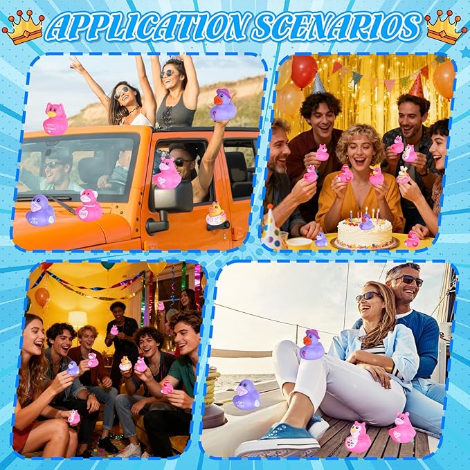 24PCS Pink Rubber Ducks with Cards and Bands - Cute Mini Ducks for Birthday Parties, Baby Showers, and Cruise Ship Fun | Assorted Designs for Kids