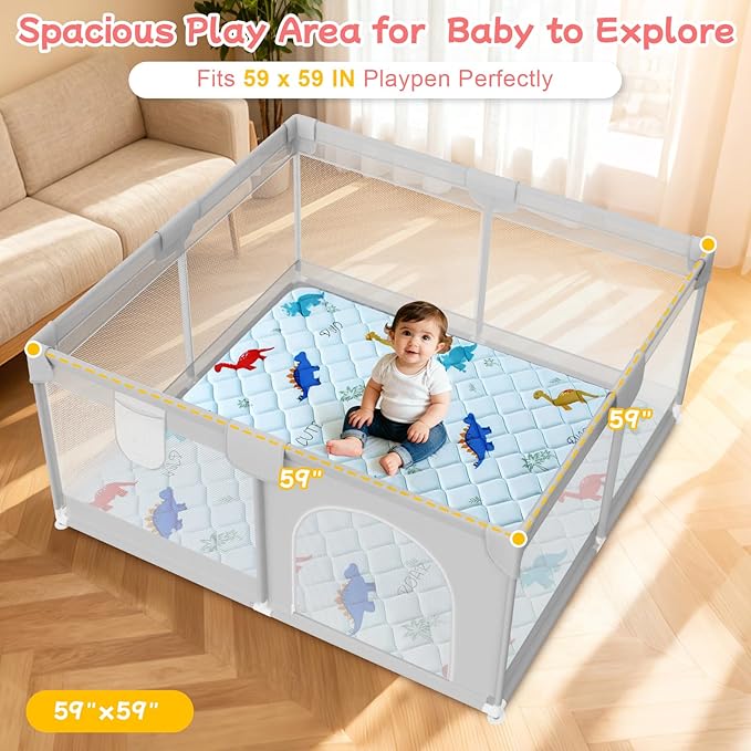 omzer Baby Play Mat for Floor: 59" x 59" Playpen Mat - Thicker & Large Soft Cushioning Padding Foam Playmats for Babies and Toddlers - Machine Washable Non-Slip Baby Crawling Mats, Dinosaur Designs