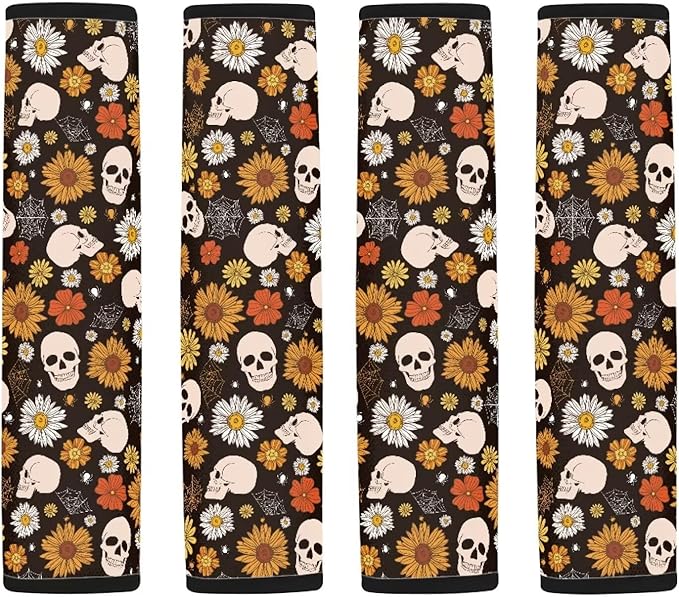 FOR U DESIGNS Car Seat Belt Cover Pad for Adults Kids Seatbelt Cover Soft Comfortable 2 Pcs Auto Seat Belt Cushion Skull & Floral Print SUV Seat Strap Cover