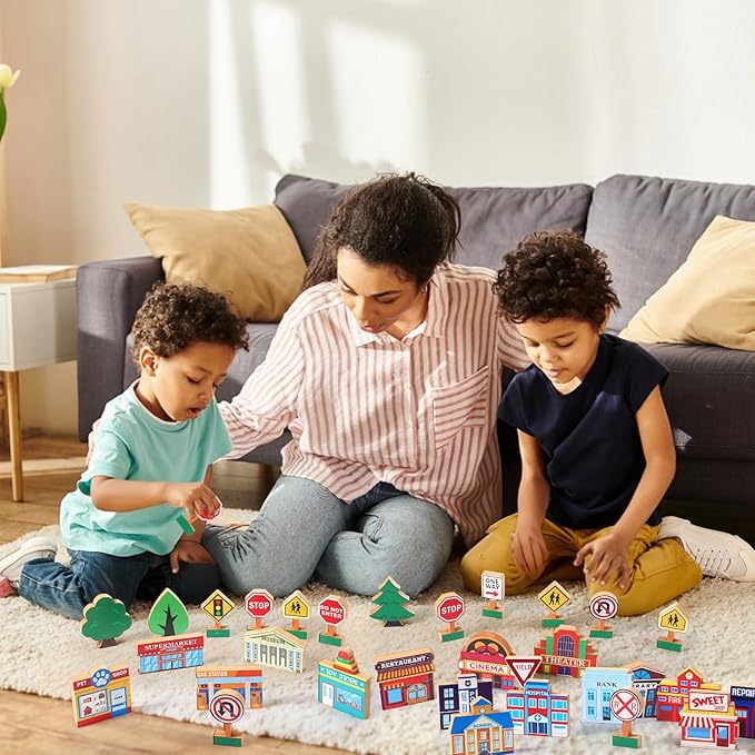 Blosssound 35 Pcs Wooden Town Building Play Toys for Kids City Street Traffic Signs Multicultural Community Block Train Track Accessories Preschool Classroom Educational Supplies Birthday Gifts