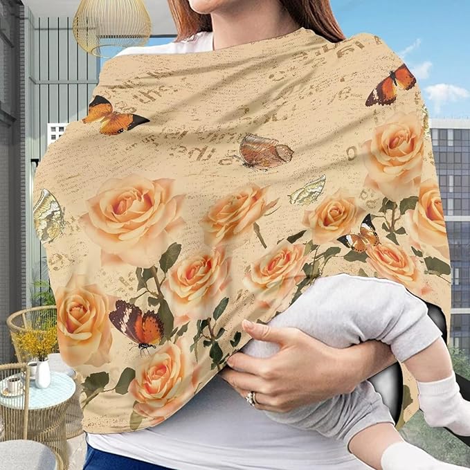 Rose Butterfly Multi-Purpose Baby Car Seat Cover Dust Cover Washable Nursing Breastfeeding Covers Soft Infant Stroller Cover Sun-Proof Breastfeeding Scarf