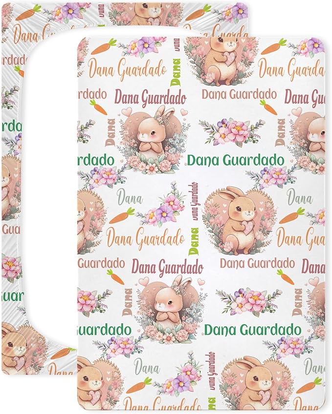 Personalized Pack and Play Sheets with Name, Custom Cute Bunny Rabbits Mini Crib Fitted Sheet for Baby Girls, Customized Multiuse Sheets for Pack & Play, Playard, Playpen, Mini Crib Mattress