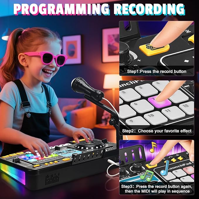 DJ Mixer for Kids, Toddler DJ Mixing Table with DJ Turntable, Game Mode, Light & Speed Control and Microphone, Gifts for 3 4 5 6 Years Old Boys Girls - Kid DJ Mixer Set