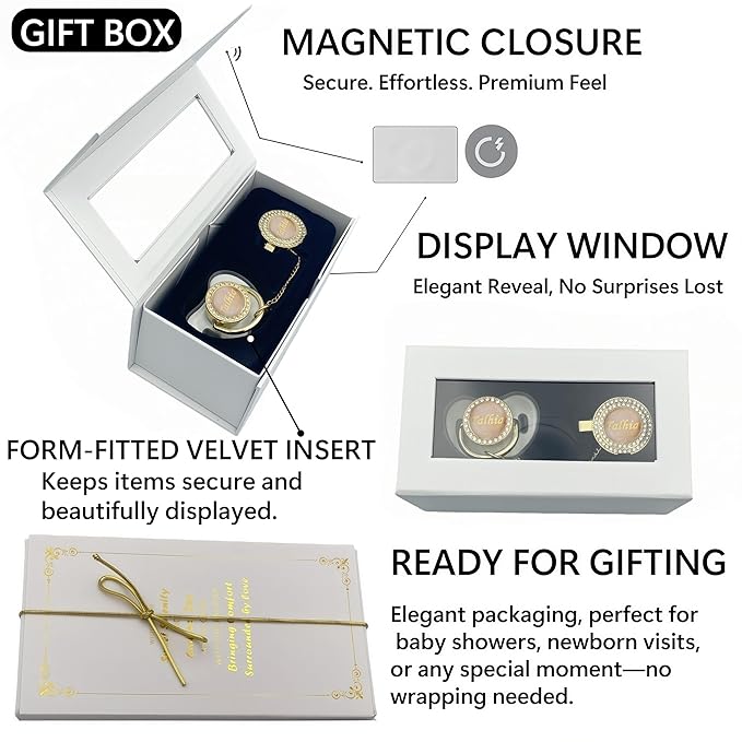 Personalized Bling Pacifier Box and Pacifier Set Unique Gift to New Bron Baby Baby Shower Gift (White)