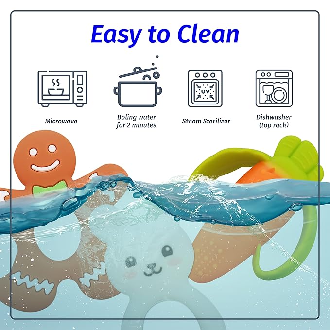 Silicone Pacifier teether Toys for Babies 0-6 and 6-12 Months – Package of 4 Baby teethers - Pain Relief – Infants and Toddlers. Safer Than Plastic - Soft and Flexible - Easier to Clean
