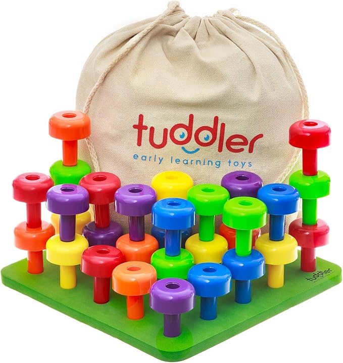 Toddler Peg Board Sensory Montessori Fine Motor Skills Educational Toys - 30 Stackable Pegs + Pattern Card + Drawstring Backpack + E-Book