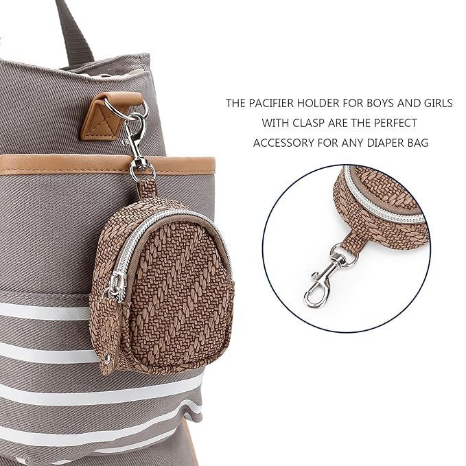 MOMIGO Pacifier Case Bag - Pacifier Holder with Clip for Diaper Bag Stroller Purse Charm, Holds 2 Pacifiers Outdoor Travel (Brown)