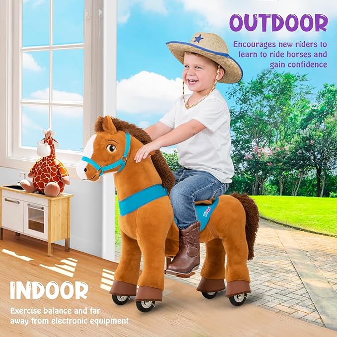 PonyCycle Ride on Horse Toys for Kids Riding Brown Horse Rocking Horse Essential Model E (with Brake/ 35.4" Height/Size 4) Ride-on Pony Giddy up Walking Mechanical Pony Plush Animal with Wheels E437