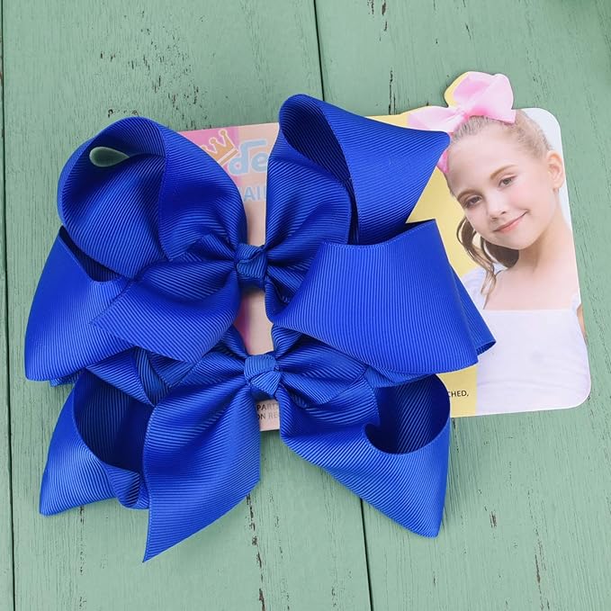 DEEKA 2 PCS 6" Big Hand-made Grosgrain Ribbon Solid Color Hair Bows Alligator Clips Hair Accessories for Little Teen Toddler Girls Kids Set of 2 -Royal Blue