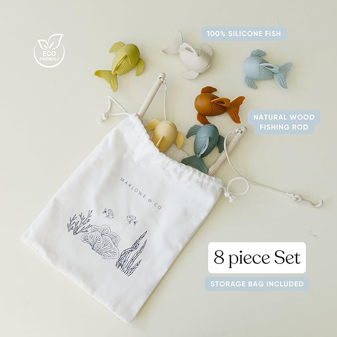 Marlowe & Co Silicone and Wooden Fishing Playset, Montessori Fine Motor Skills Fish Game for Children with Storage Bag