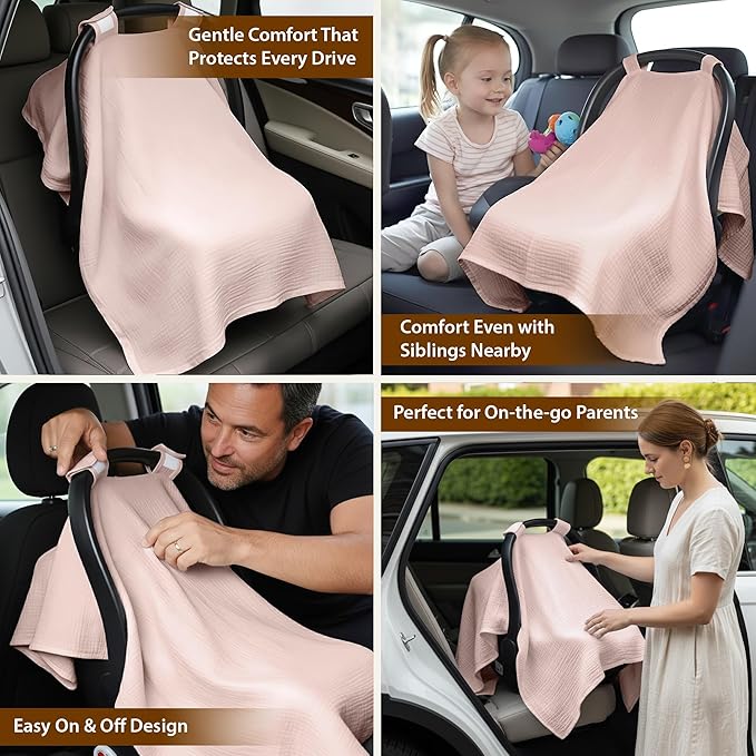 100% Organic Muslin Cotton Car Seat Cover 35 x 50 Inches Soft Touch Breathable Canopy, Protective Car Seat Cover Baby All Seasons Lightweight Car Seat Cover Travel Comfort (Pink)