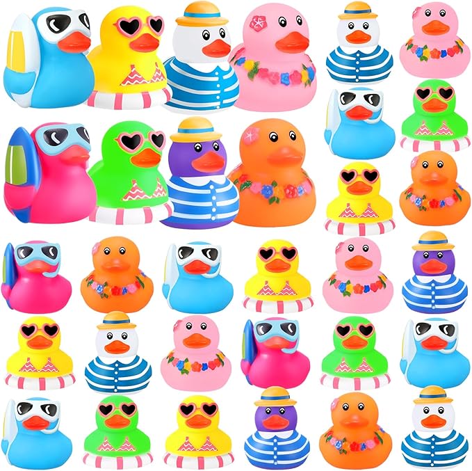 Honoson 24 Pcs Summer Beach Rubber Duckies Bulk Mini Rubber Duck Bath Toys Float Bathtub Ducky Cute Squeaky Ducky for Classroom Carnival Summer Birthday Baby Shower Party Favor (8 Colors)