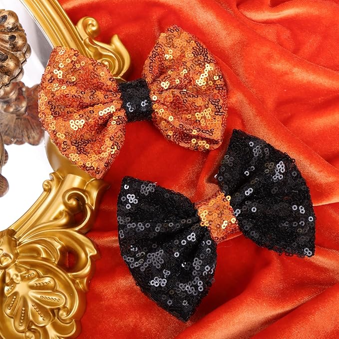 Halloween Hair Bows Clips for Girls Sequins Large Bows Alligator Hair Clip for Bows Hair Accessories Bows with Clip for Women Kids Toddlers Teens Orange
