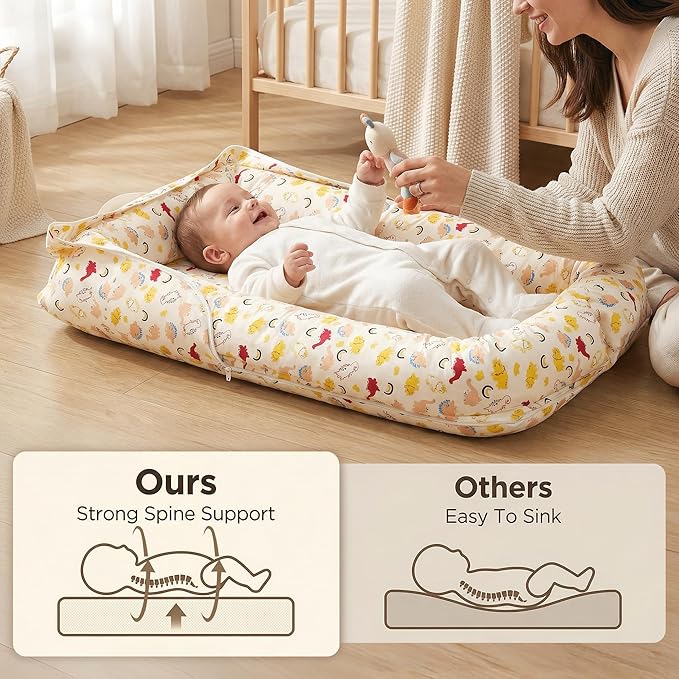 Baby Lounger for Newborn, Breathable and Soft Baby Lounger Pillow, Portable Infant Lounger with Removable Cover, Adjustable Lounger for Baby 0-12 Months, Tummy Time Baby Lounger for Home and Travel